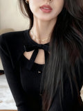 Vintage Gray Bow Tie With Knitted Bottom Shirt Female Design Feeling Autumn And Winter Hottie Hollow Long Sleeve Top