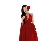 2025 Retro Red Elegant Hanging Neck Dress Back Sunset Dress Seaside Holiday Atmosphere Feel Long