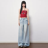 Blue Straight-Tight Texture High-Rise Broad-Legged Jeans Women 2026 Spring New Non-Legged Texture Mop Cotton