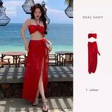 Red Three-Dimensional Flower Bikini Three-Piece Swimsuit Woman Hanging Neck Cue Dress Seaside Swimsuit
