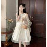 White Pure Lust Wind Out-Shoulder Straped Round Collar Dress Female New Summer Gentle Temperament Sweet First Love Dress