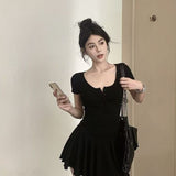 Gray U-Neck Short-Sleeved Dress Woman Summer Small Folded Waist A Skirt Babes Super Short Skirt Folding Skirt